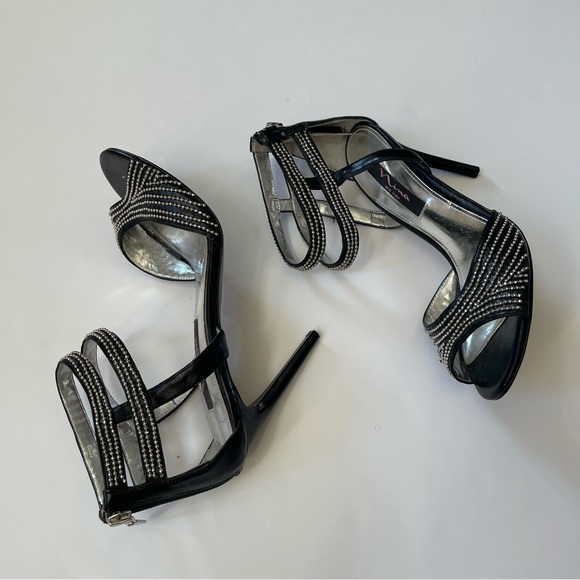 Black Rhinestone Embellished Open-toe Strappy Stiletto Heels - Picture 6 of 13